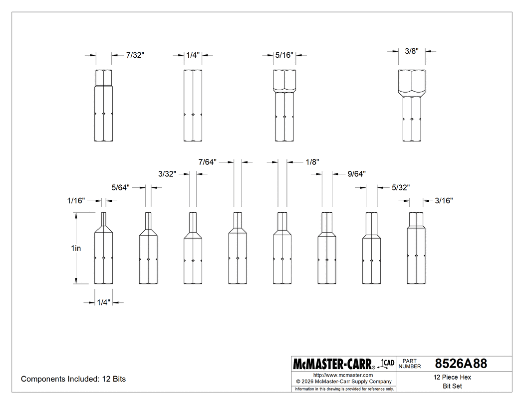 Technical Drawing of 12 Piece Hex Bit Set.